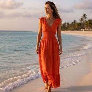 Felicité Tomato Red Cotton Gauze Smocked Midi Dress Size XS